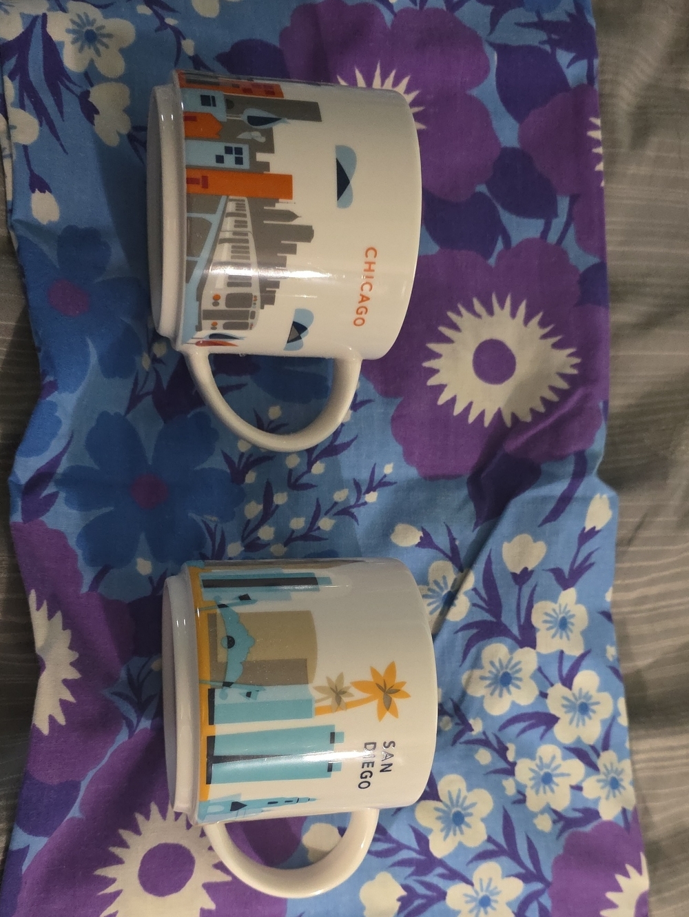 Starbucks Chicago & San Diego Skyline Coffee Mugs - White, Blue, Orange Accents